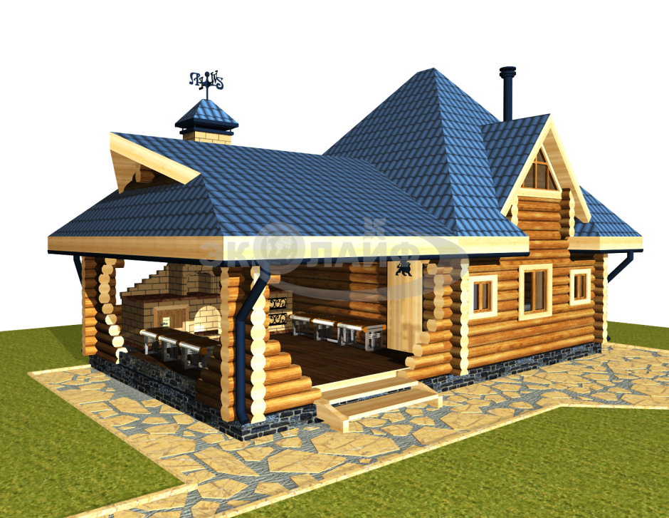 Баня с террасой и барбекю с односкатной крышей