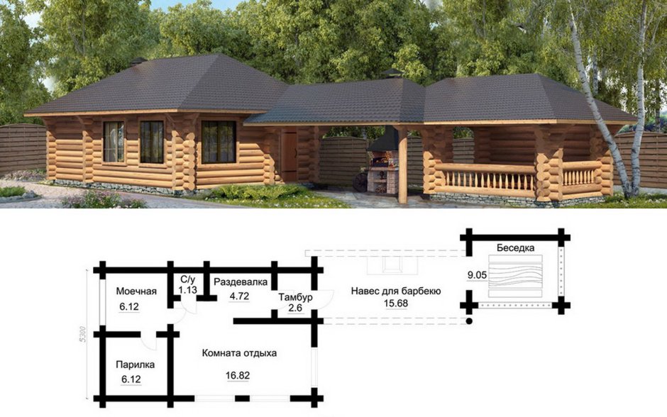 Баня с беседкой из бревна