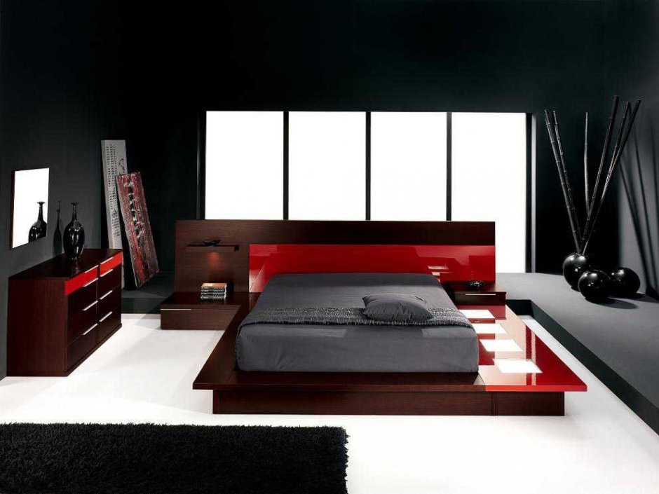Черная спальня с красной подсветкой