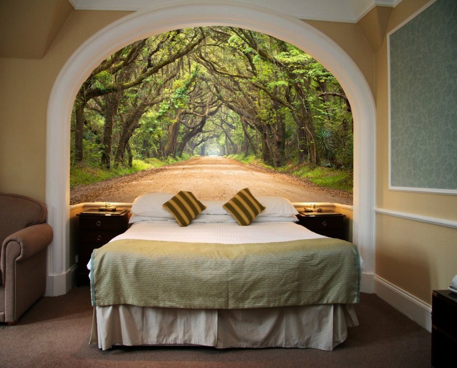 Фотообои в спальню над кроватью