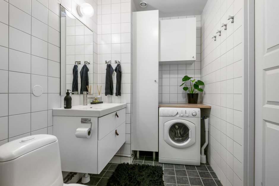 Раковина шкафчик над стиральной машиной в скандинавском стиле