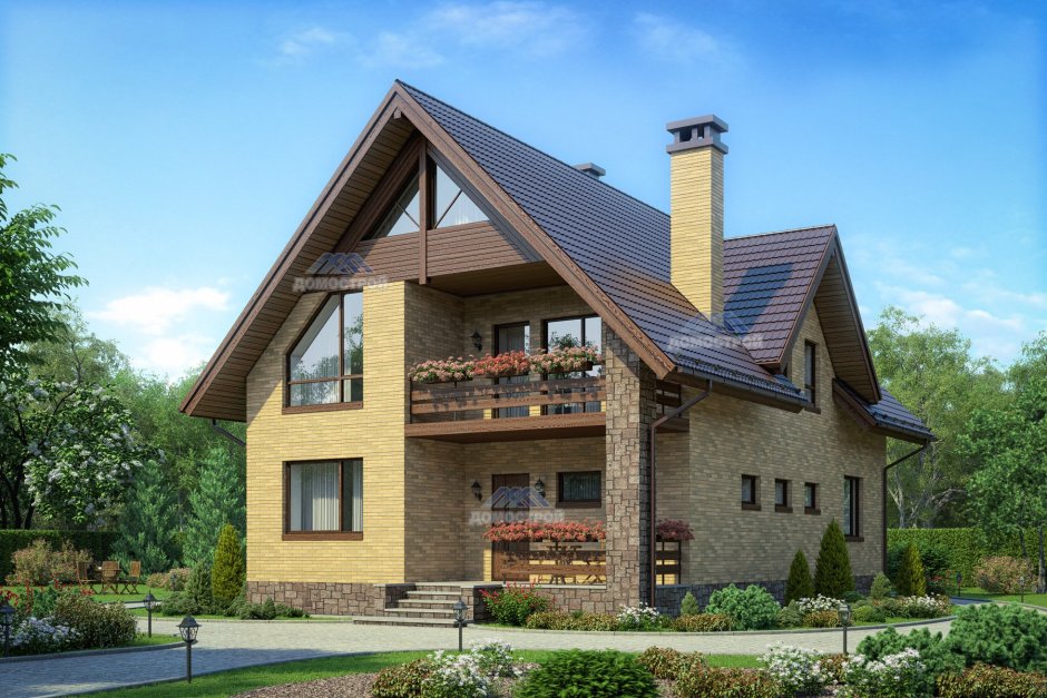 Кирпичный дом с мансардой и балконом