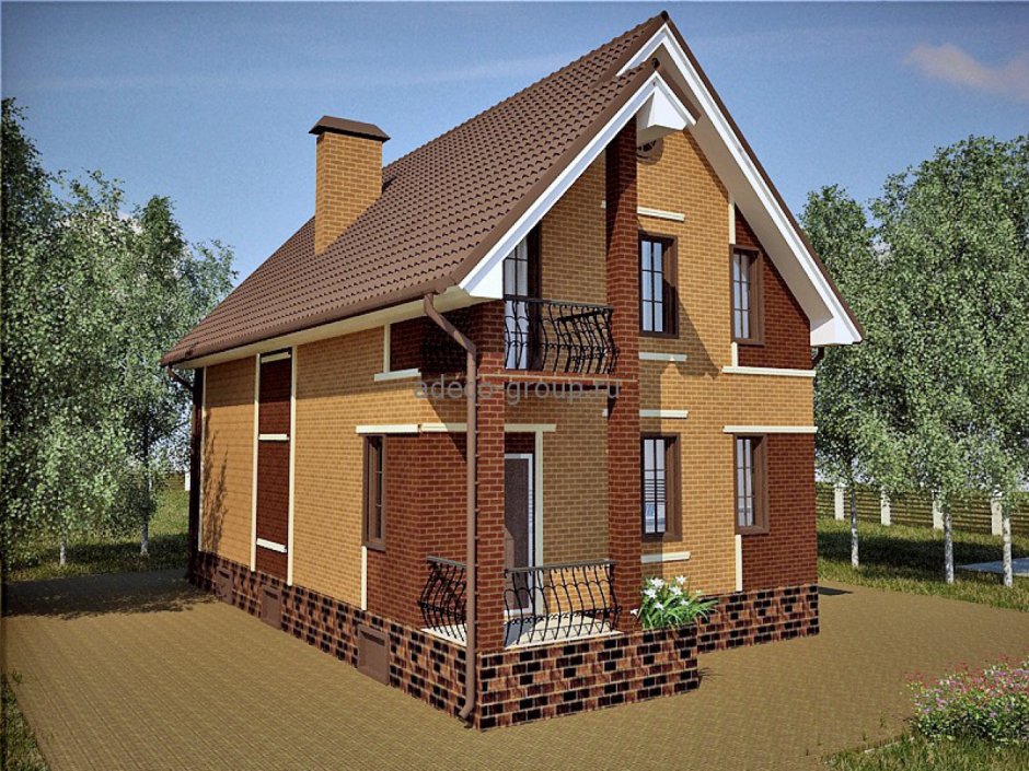 Двухэтажный кирпичный дом с балконом