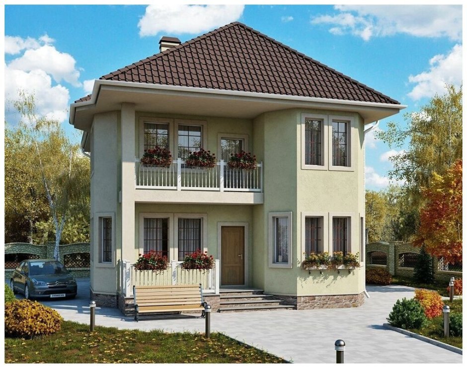 Двухэтажный дом бежевого цвета с террасой