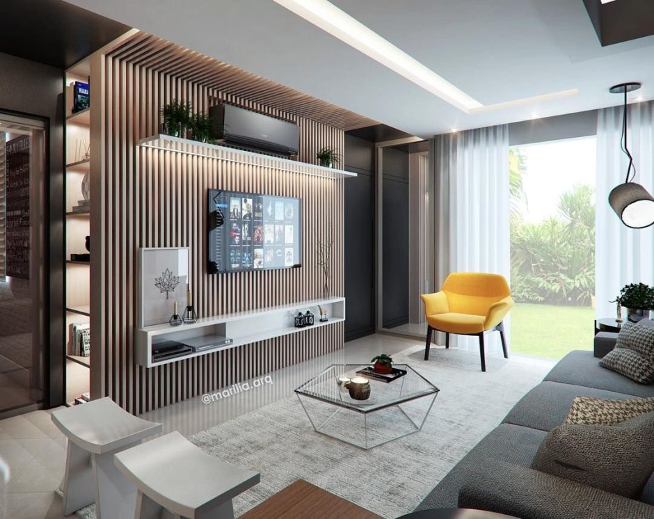 Современные гостиные с рейками