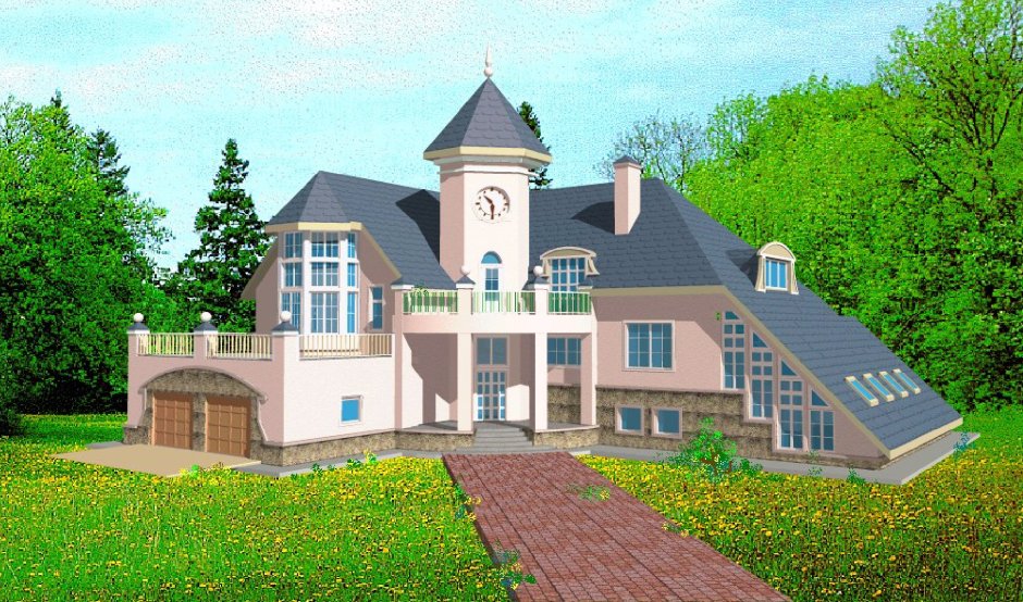 Двухэтажный угловой дом с башней