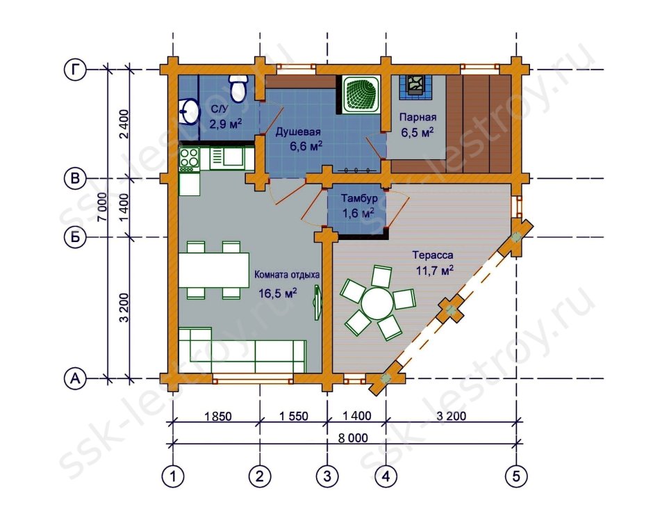 Проект угловой бани с террасой