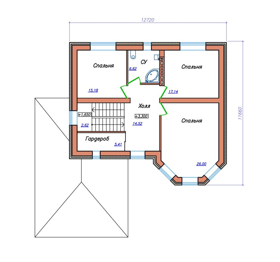 Чертеж одноэтажного дома с эркером