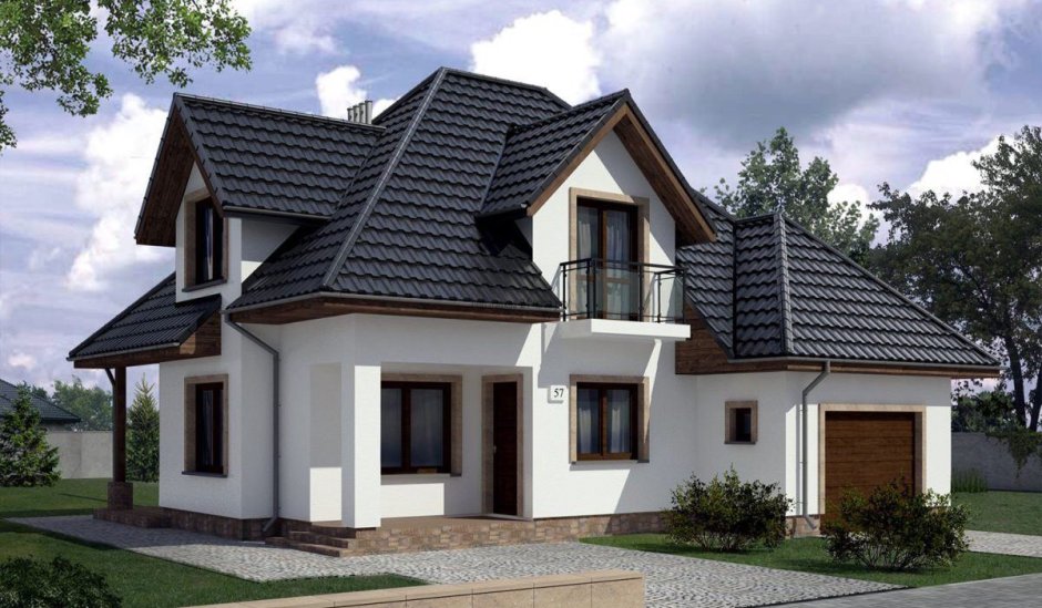Бежевый дом с коричневой крышей