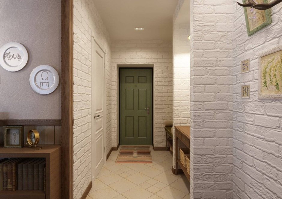 Коридор в стиле лофт с белым кирпичом