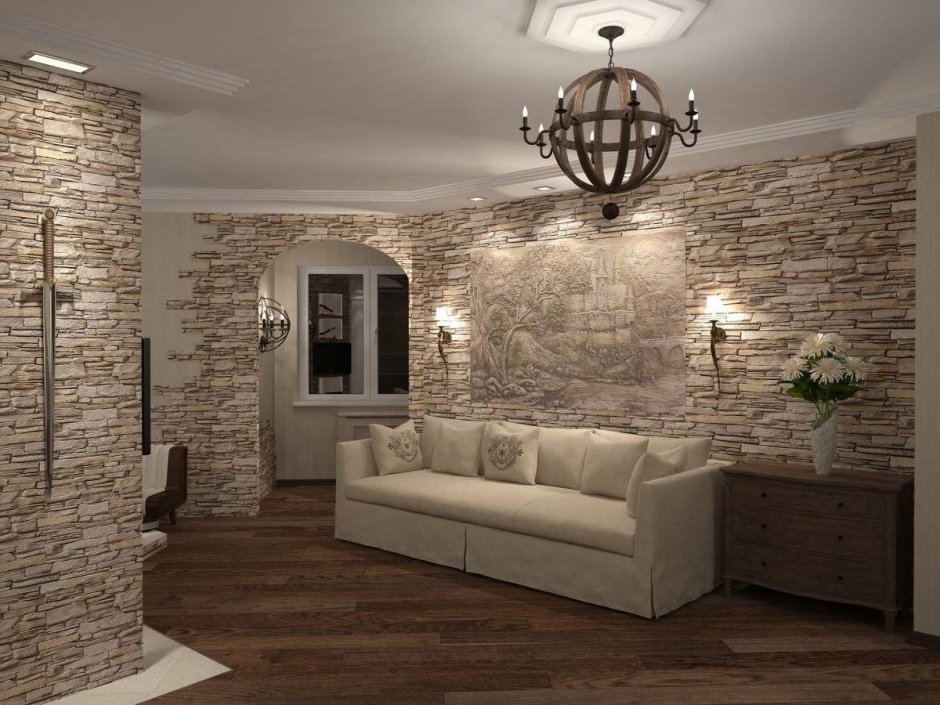 Гостиная с декоративным камнем