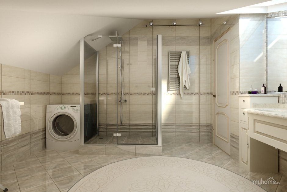 Ванная комната со стиральной машиной на мансарде