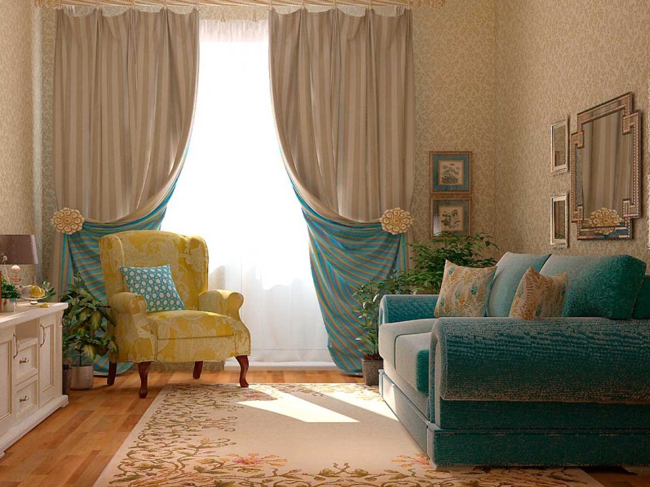 Изумрудные шторы в интерьере гостиной