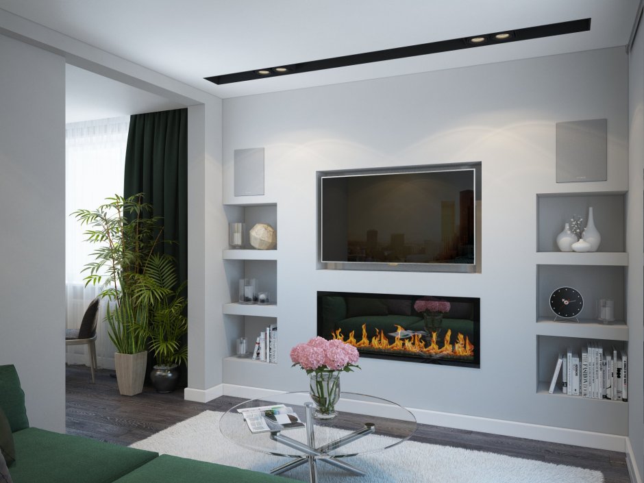 Стенка из гипсокартона под телевизор с камином