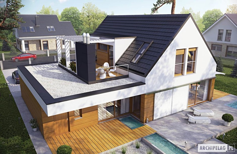 Дом с террасой на крыше гаража