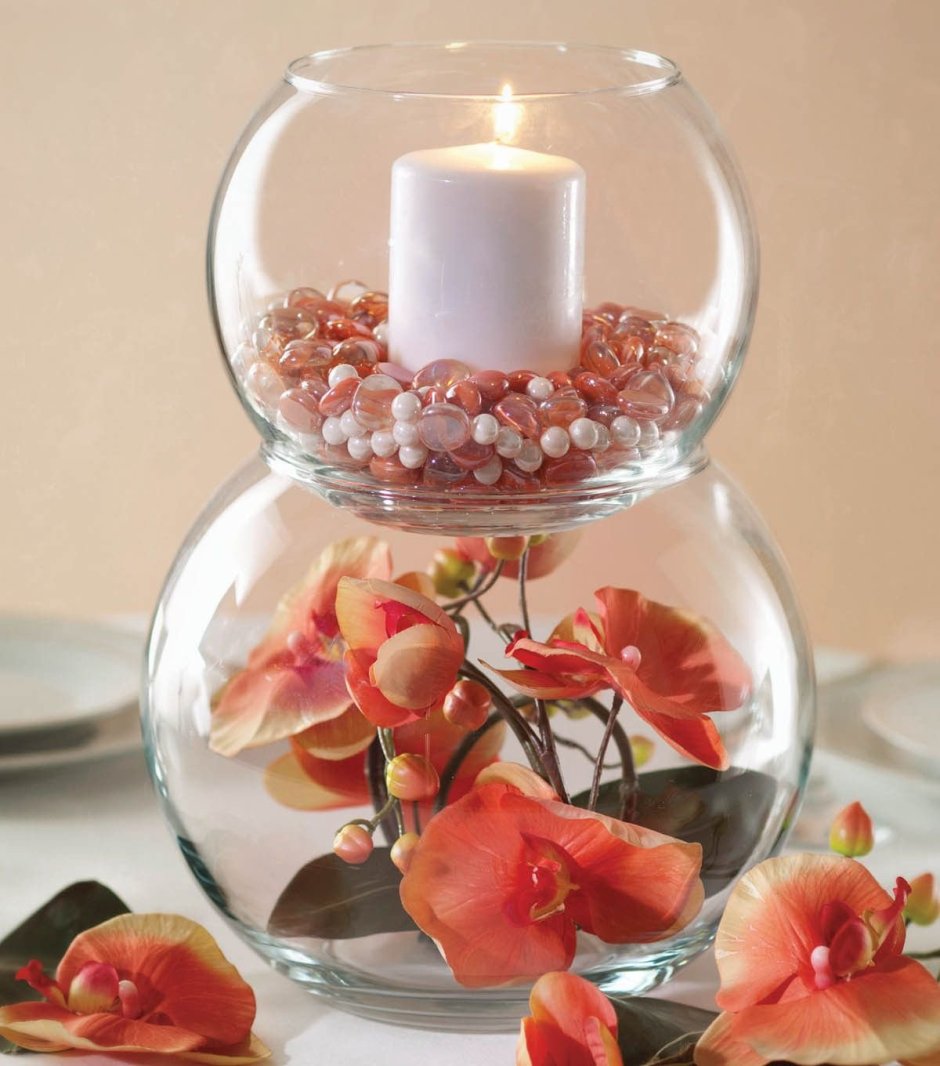 Круглая стеклянная ваза декор