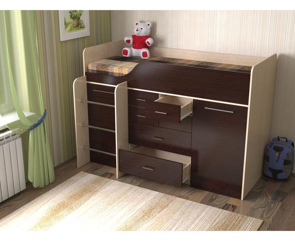 Высокая кровать с выдвижными ящиками