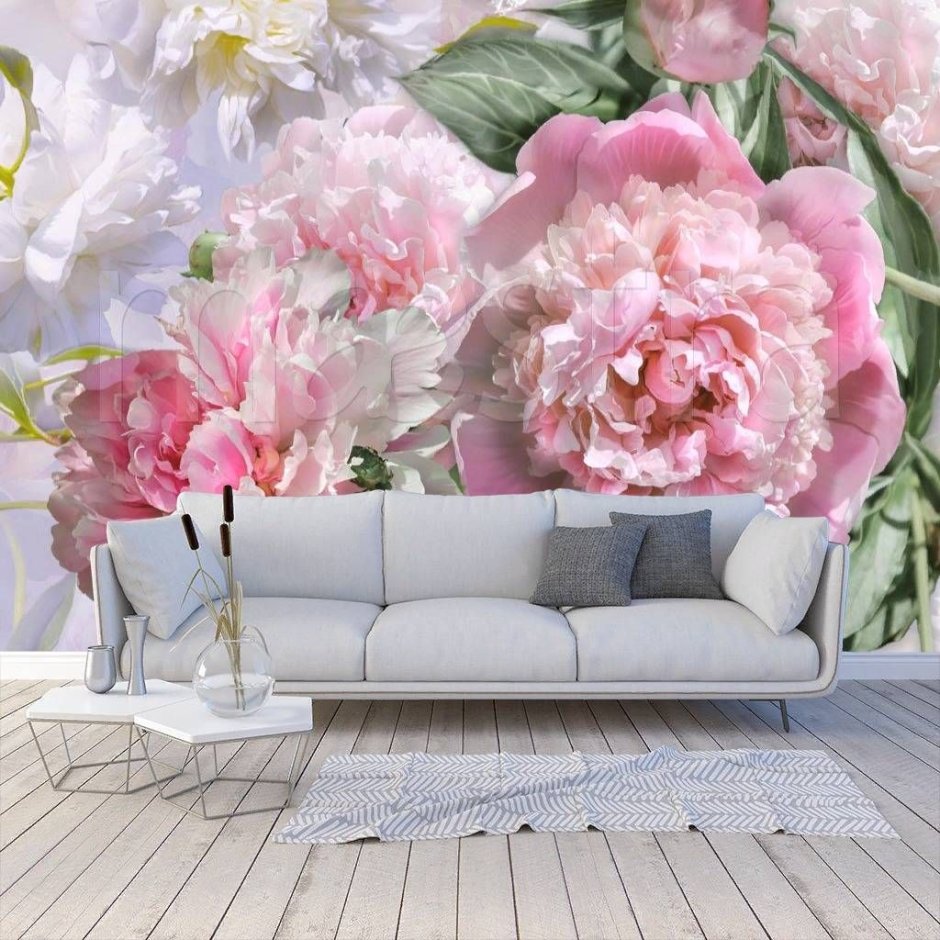 Фотообои пионы в интерьере