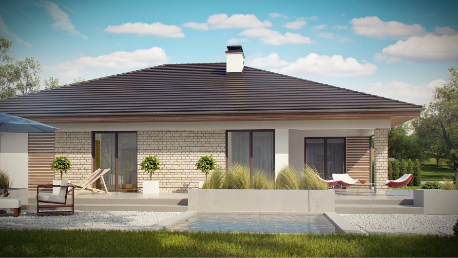 Дом с двускатной крышей и террасой