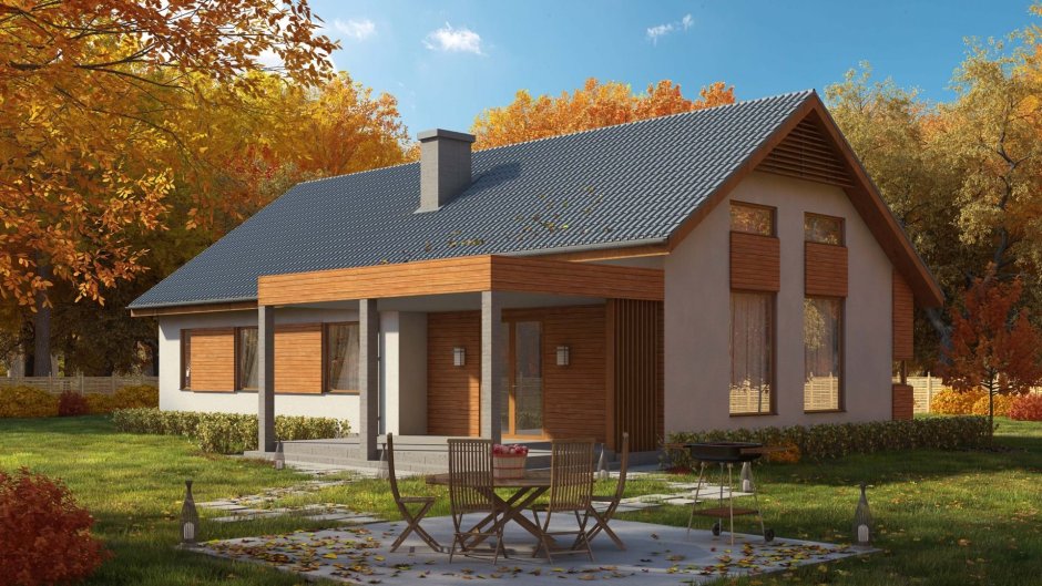 Дом с двухскатной крышей и гаражом