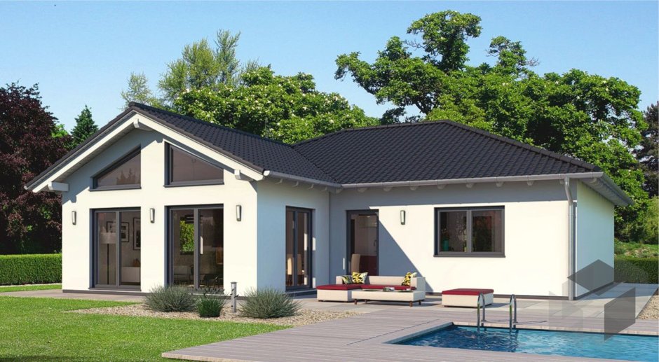 Одноэтажный коттедж с двускатной крышей