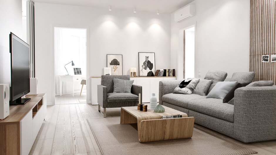 Белые стены серый диван