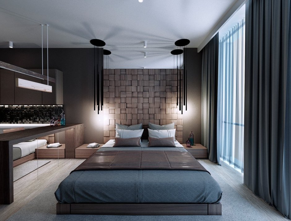 Спальня в стиле лофт в светлых