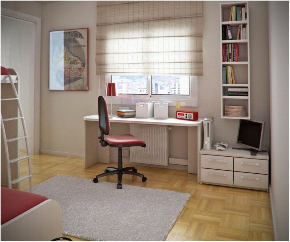 Стол вдоль окна в детской для двоих