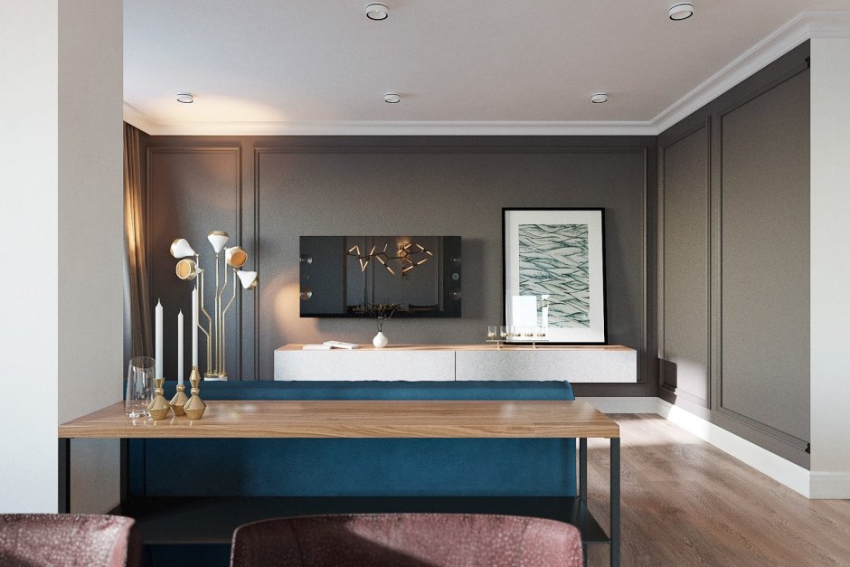 Молдинги на стене с телевизором