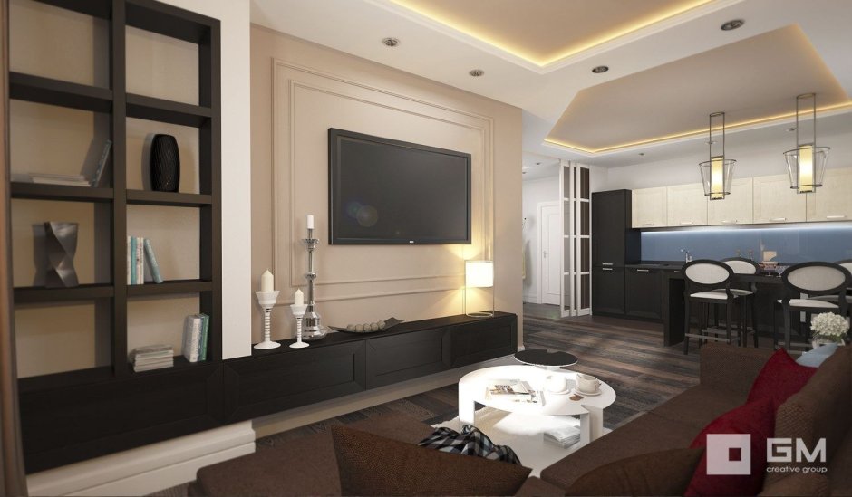 Молдинги в зоне ТВ гостиная