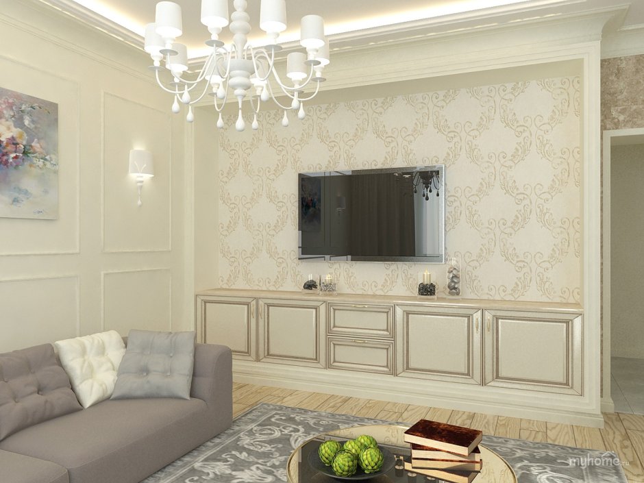 Гостиннаяв классическом стиле в светлых тонах с молдингом