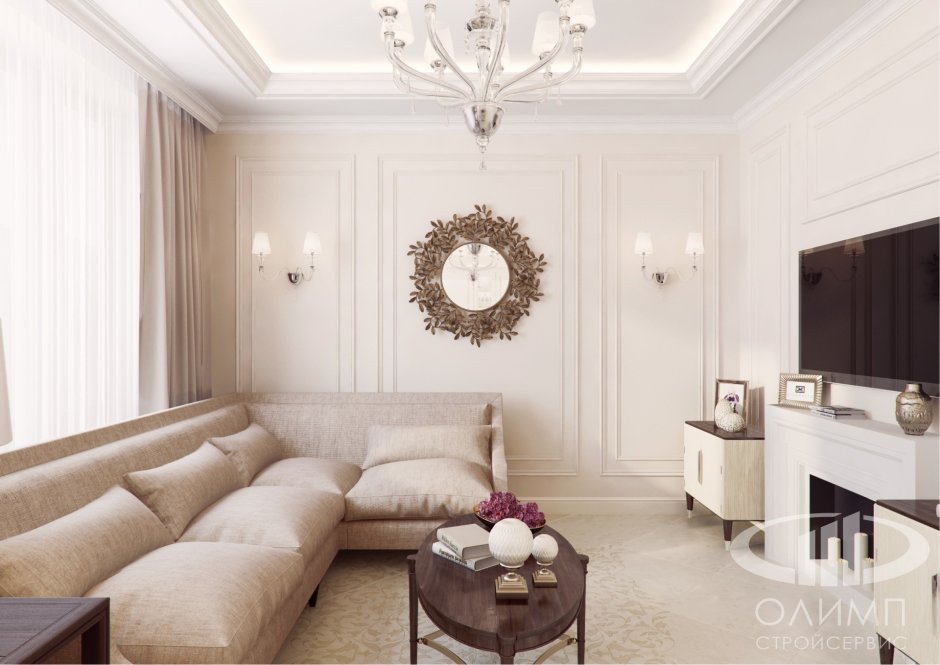 Молдинги в интерьере гостиной в современном стиле