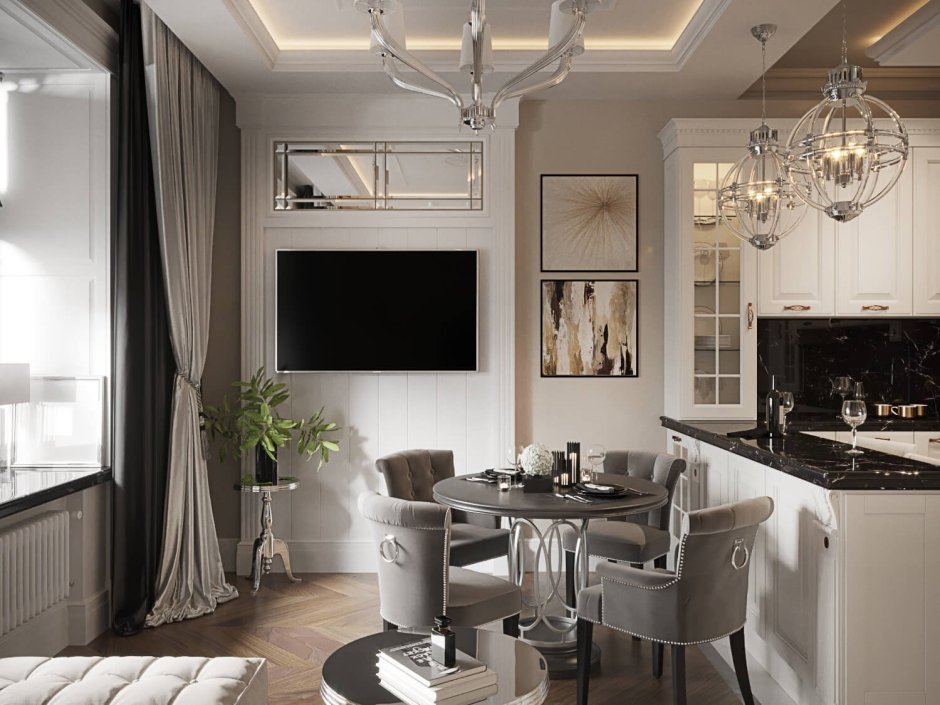 Кухня-гостиная 40 м2 в стиле Неоклассика