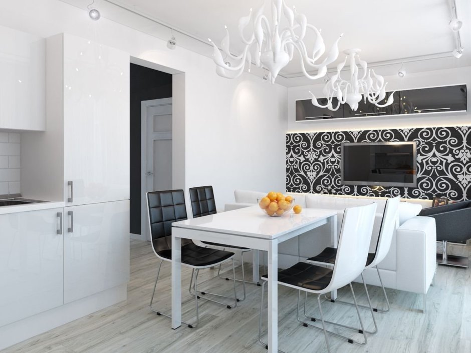 Черно белая кухня гостиная