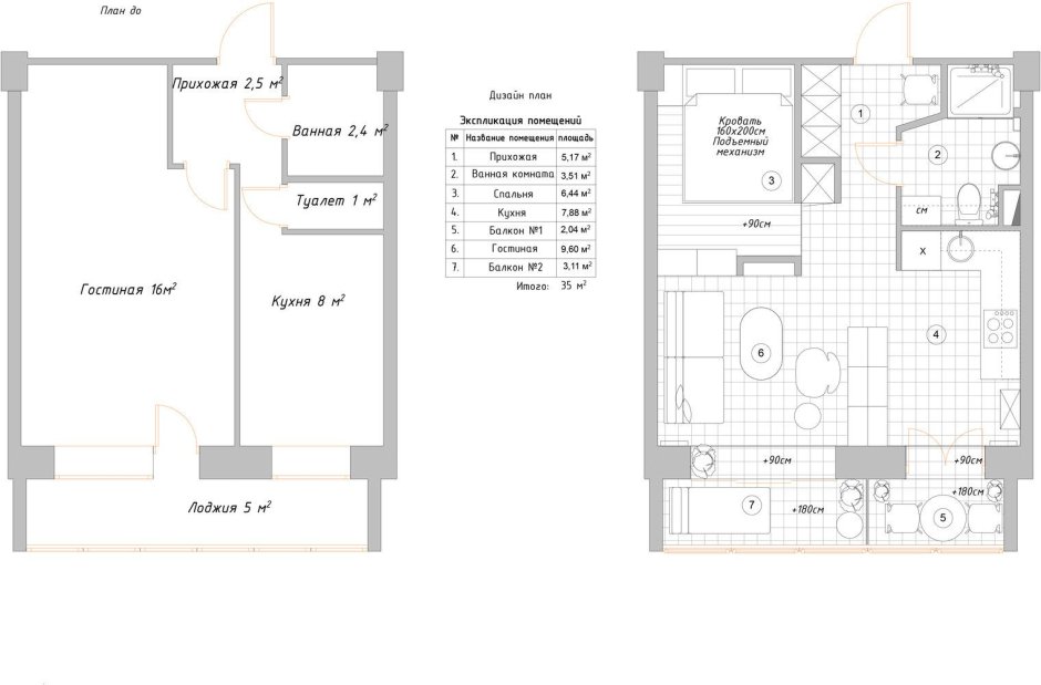 План перепланировки 1 комнатной квартиры 35 кв.м