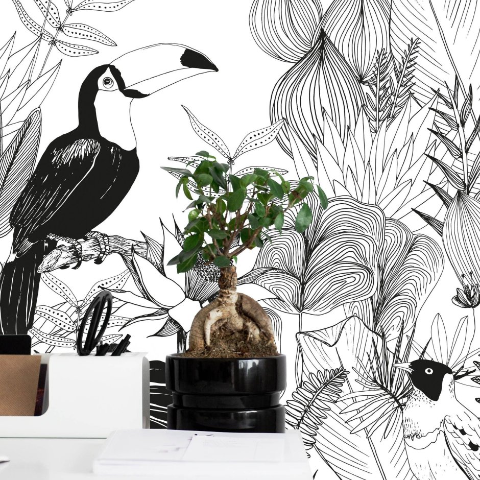 Тропики роспись на стене черно белое