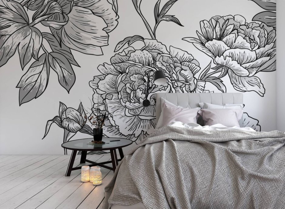 Роспись стен цветы черно белые