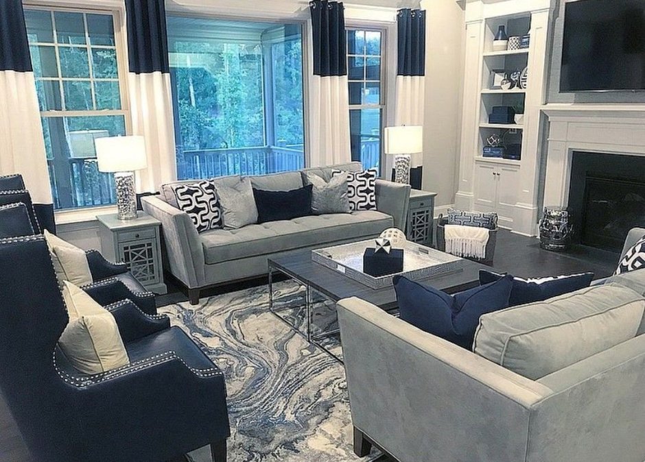 Серо синий диван в интерьере