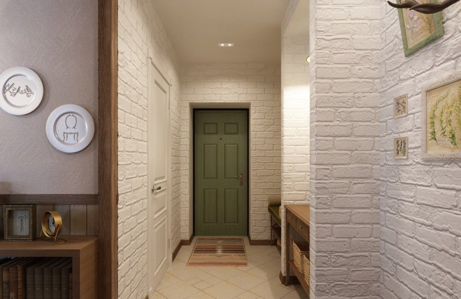 Коридор в стиле лофт с белым кирпичом