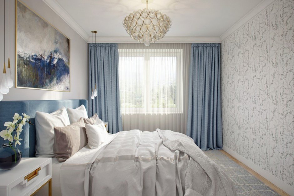 Синиетшторы в интерьере гостиной