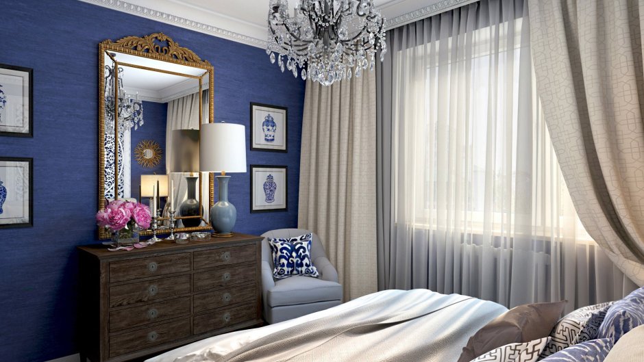 Синие шторы в интерьере спальни