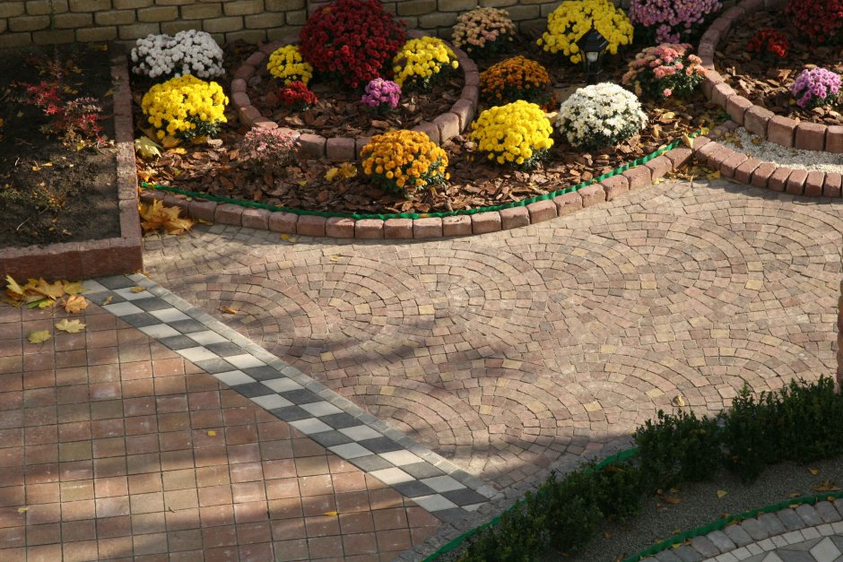 Двор из тротуарной плитки с клумбами
