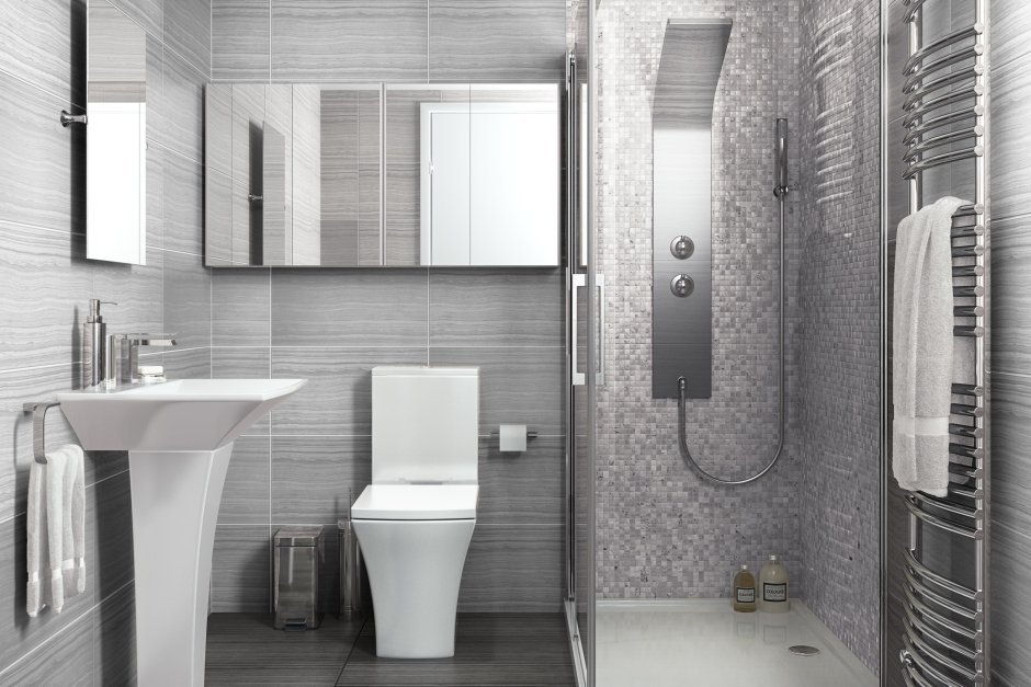 Санузел совмещенный с душевой в сером