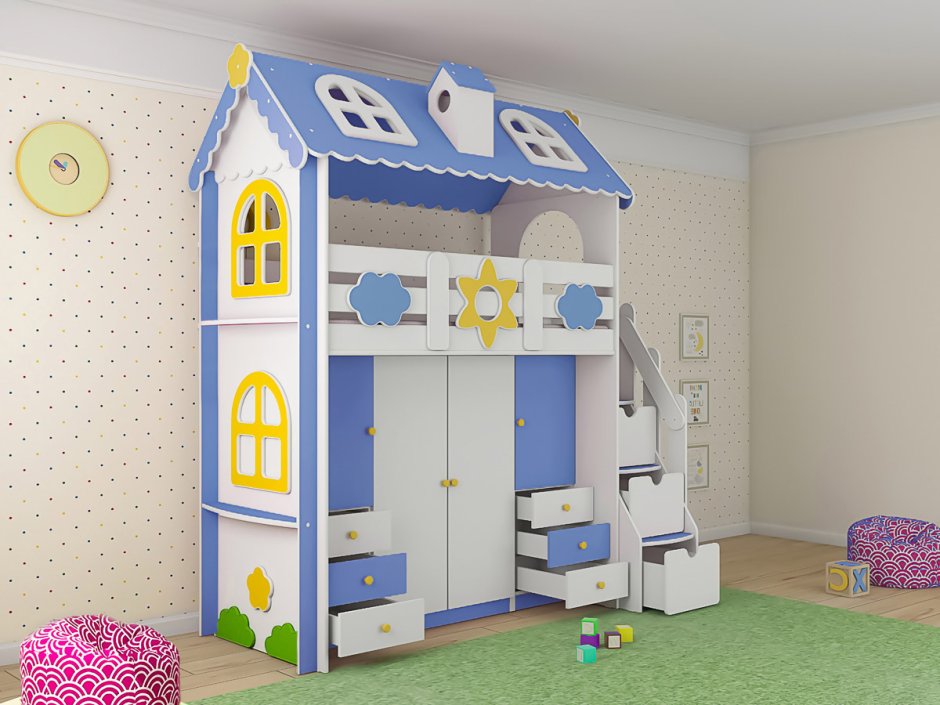 Кровать чердак домик с лестницей комодом