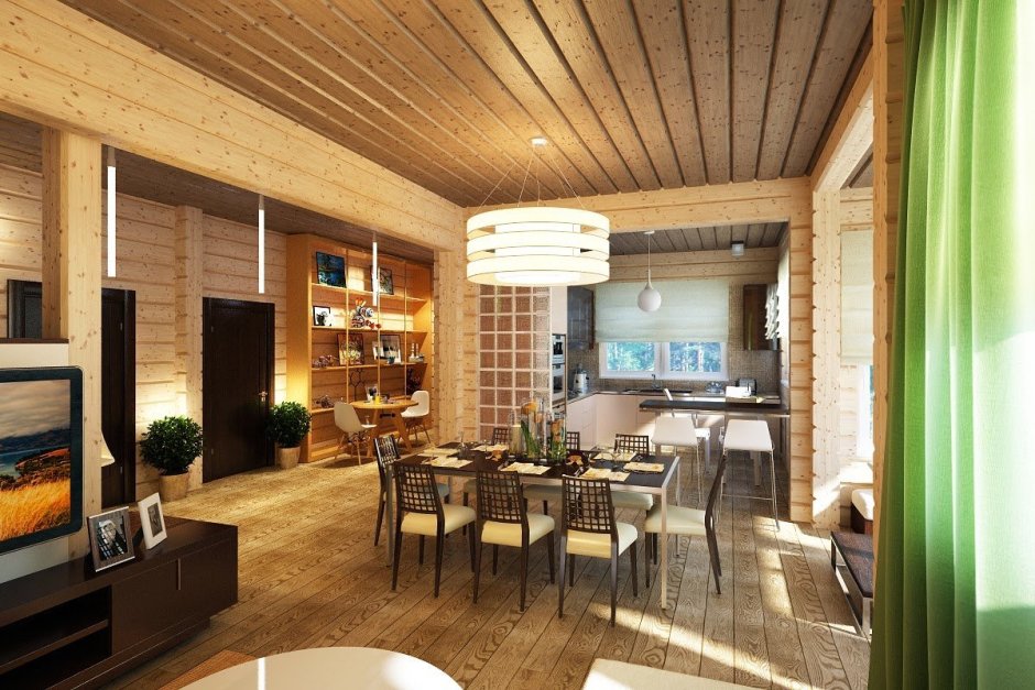Кухня-гостиная в деревянном доме