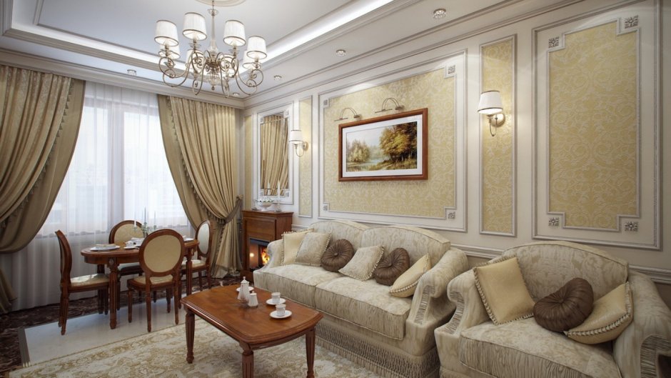 Интерьер гостиной в частном доме с молдингом