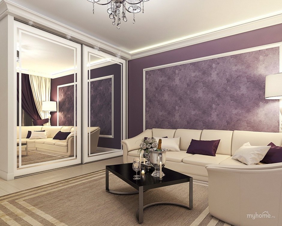 Фиолетовые обои в интерьере гостиной