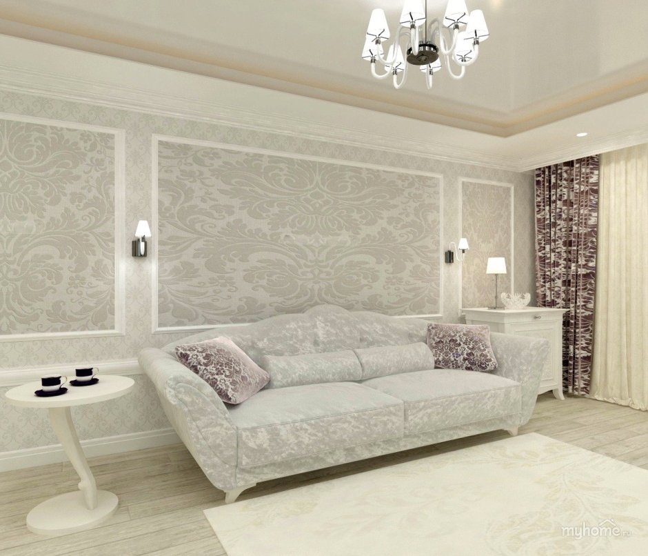 Обои с вензелями в интерьере гостиной