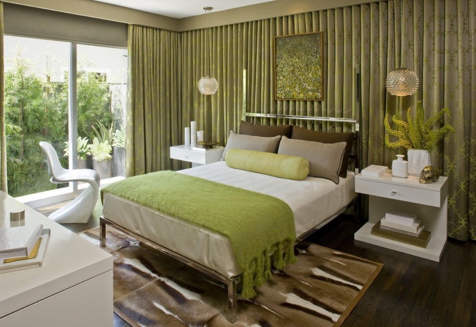 Оливковый цвет в интерьере спальни