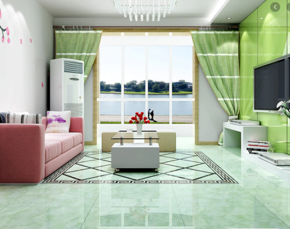 Зеленый кафель в гостиной